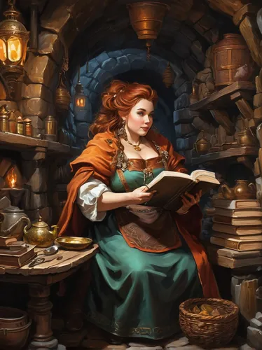 candlemaker,apothecary,librarian,girl studying,scholar,merida,girl with bread-and-butter,merchant,dwarf cookin,bookworm,woman holding pie,girl in the kitchen,shopkeeper,fantasy portrait,magic book,fairy tale character,sci fiction illustration,tinsmith,tea and books,bookshop