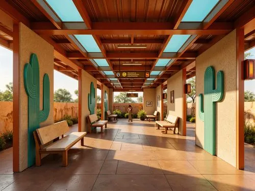 Vibrant metro station, desert landscape inspiration, warm sandy beige walls, turquoise accents, burnt orange metalwork, earthy brown flooring, cactus-shaped columns, arid terrain-inspired signage, sun