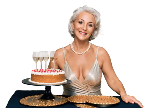 "Mature lady, 50 years old, celebrating birthday, smiling face, wrinkles, silver hair, elegant makeup, pearl necklace, champagne glass, golden cake, festive atmosphere, soft focus, warm lighting, shal