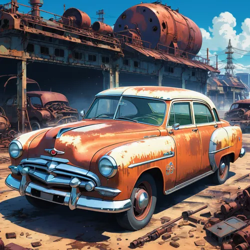 hudson hornet,rusty cars,rust truck,rust-orange,buick super,junk yard,fallout4,volvo amazon,salvage yard,radiator springs racers,rust goose,ford mainline,buick y-job,ford cargo,retro vehicle,ford truck,junkyard,chevrolet bel air,austin cambridge,ford fairlane,Illustration,Japanese style,Japanese Style 03