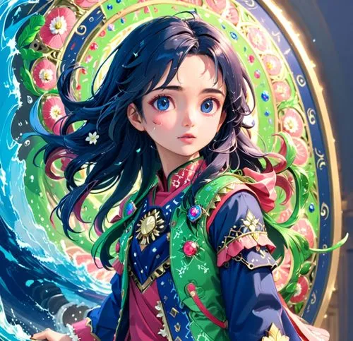 an image of a girl with dark hair in front of a colorful background,longmei,zhiyuan,tanabata,seimei,amano,xuanwei,Anime,Anime,General