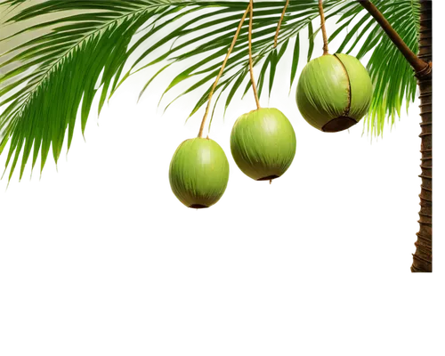 Palm tree, tropical atmosphere, coconuts hanging from branches, thick trunk, green leaves, curved lines, morning sunlight filtering through leaves, warm color tone, shallow depth of field, 3/4 composi