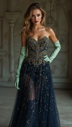 adult teen wear greek long elegant glamour glitter navy dress with gold embroidery  and  long crystal light green  leather gloves extend to the sleeves and  thigh high magenta boots matching (elegant)