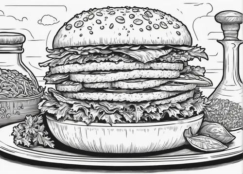 Embark on a flavor-filled journey with Yum Yum in your dish.,veggie burger,grilled food sketches,hamburger set,hamburger plate,food line art,big hamburger,coloring page,burguer,hamburger,burger,classi