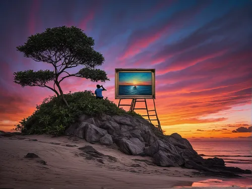 lifeguard tower,lookout tower,beach chair,landscape photography,photo manipulation,watchtower,ice cream stand,easel,beach landscape,kiosk,beach hut,camper on the beach,world digital painting,sunset beach,creative background,byron bay,photomanipulation,bench by the sea,photoshop manipulation,lighthouse,Conceptual Art,Graffiti Art,Graffiti Art 12