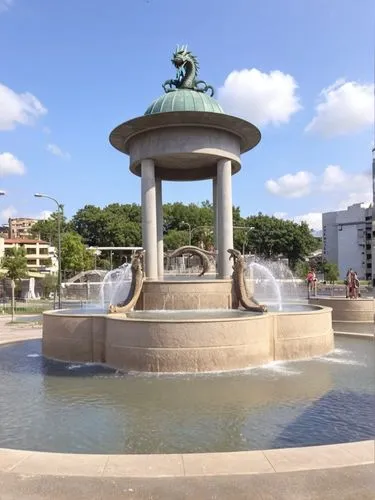 Diseñar un parque que tenga en el piso 20 chorros de agua y que  tenga en medio una pileta de 4 columnas rematadas en una cupula de media esfera como en la imagen y que en el entorno hayan 4  escultur