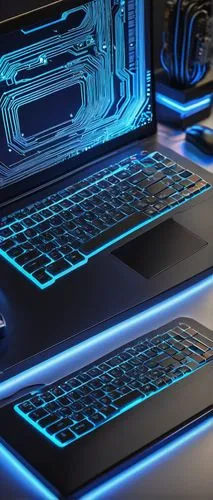 Modern laptop, sleek aluminum body, glowing LED keyboard, futuristic circuit board, complex CPU architecture diagram, coding lines on screen, 3D motherboard model, robotic arm assembling PC parts, wir