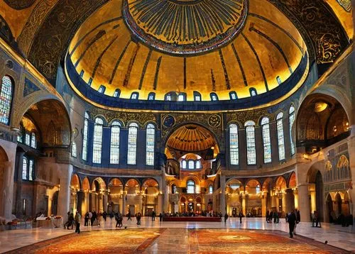 Byzantine architecture, grand, intricately decorated, golden domes, colorful mosaics, ornate stone carvings, majestic pillars, high ceilings, stained glass windows, vibrant frescoes, solemn atmosphere