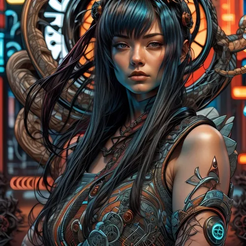 fantasy art,fantasy portrait,sci fiction illustration,biomechanical,steampunk,oriental girl,priestess,medusa,cyberpunk,cyborg,cybernetics,the enchantress,avatar,zodiac sign libra,world digital painting,asian vision,scifi,tattoo girl,oriental princess,tiger lily