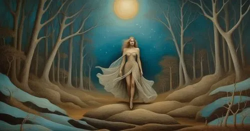 a woman in a forest with moon and trees,the snow queen,imbolc,blue moon,faerie,fantasy picture,moonlit night,Illustration,Realistic Fantasy,Realistic Fantasy 40