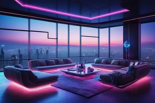 apartment lounge,sky apartment,livingroom,living room,great room,modern room,ufo interior,modern living room,neon lights,neon light,neon cocktails,aesthetic,modern minimalist lounge,lounge,luxe,modern decor,futuristic landscape,apartment,an apartment,spaceship interior,Illustration,Japanese style,Japanese Style 05