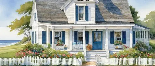 summer cottage,cottage,nantucket,white picket fence,houses clipart,country cottage,house painting,cape cod,cottages,little house,new england style house,house drawing,woman house,weatherboard,edgartown,home landscape,seaside country,clapboards,small house,fisherman's house,Illustration,Paper based,Paper Based 29