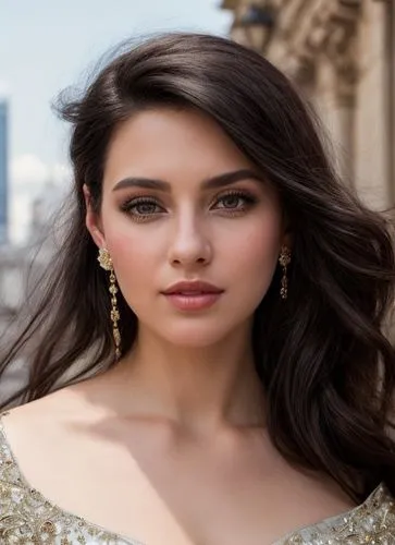 a portrait of a beautiful caucasian girl 25 years old black hair in a glamourous dress and a cristal earring in the ear, the city of Paris as background in 4k,arab,indian celebrity,persian,romantic lo