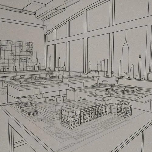 a drawing of an office with chairs and desks,sketchup,study room,office line art,penciling,offices,desks,Design Sketch,Design Sketch,Blueprint