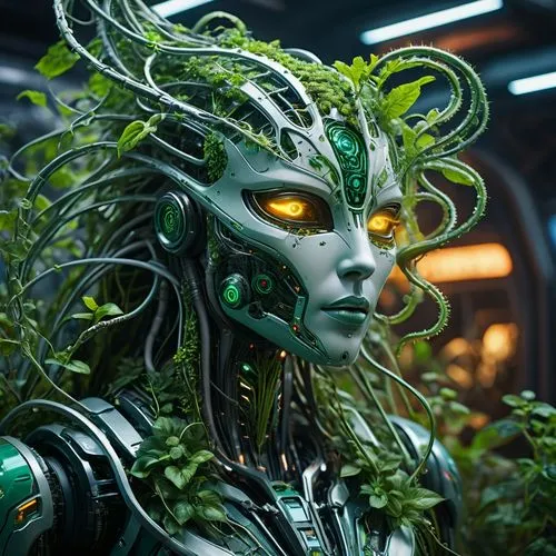 Photorealistic lifelike 4K.  A strange non-terrestrial species of sentient highly intelligent plants with prehensile vines and tendrils wearing complex and detailed high-tech futuristic ultramodern au