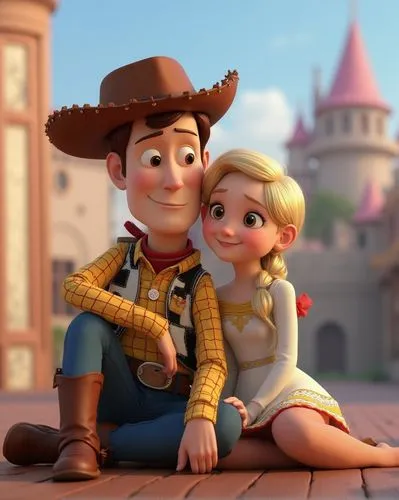 Woody and Bo Peep sitting lovingly, leaning on each other, disney castle background, original disney characters, pixar 3D characters, realistic animation, cinematic video,the disney princess and the p