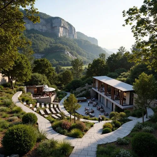 Scenic hillside, lush green vegetation, meandering stone pathways, outdoor amphitheater, curved seating areas, natural rock formations, wooden pergolas, retractable canopies, vibrant flower arrangemen