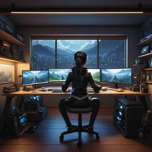 Create a high-resolution artwork of a ninja girl designing at a computer in a room full of gadgets. The setting includes a graphic designer, web designer, and product designer, inspired by Makoto Shin