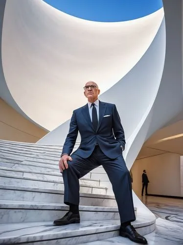 Famous architect, solo, standing, hands in pockets, elegant suit, white shirt, black tie, glasses, balding hair, mature, Guggenheim Museum, spiral ramp, modern art, abstract sculptures, natural light,