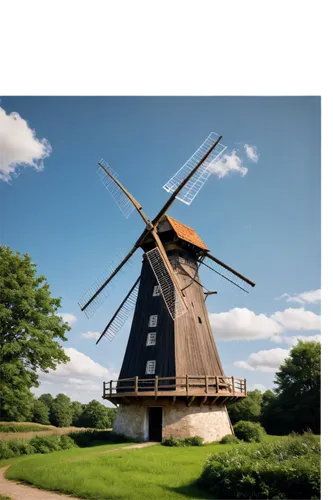 Old wooden windmill, Netherlands style, rustic, rural area, sunny afternoon, blue sky with white clouds, rotating blades, worn wooden door, stone foundation, lush greenery surrounding, soft warm light