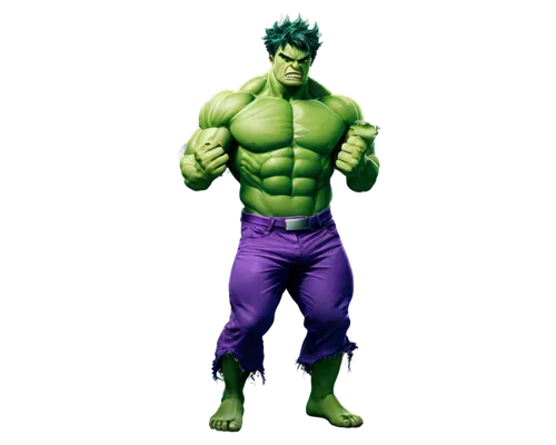 Muscular green giant, Incredible Hulk, solo, ripped purple pants, massive chest, bulging biceps, furious expression, glowing green eyes, messy green hair, torn clothing, intense lighting, dramatic sha