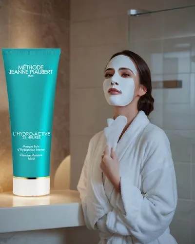 Arrière-plan: femme en peignoir avec un masque de soin pour visage de couleur blanche dans une salle de bain de luxe,beauty mask,medical face mask,face care,facial,face mask,moistureloc,face cream,mas