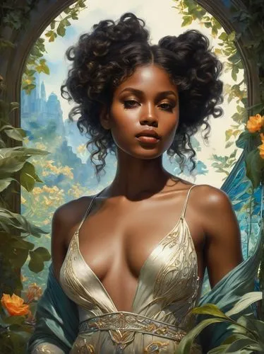 tiana,fantasy portrait,rosa ' amber cover,background ivy,flora,portrait background,african american woman,linden blossom,camellia,mystical portrait of a girl,jasmine bush,fantasy art,secret garden of venus,sacred fig,cleopatra,beautiful african american women,afro-american,dryad,camellias,afroamerican,Conceptual Art,Fantasy,Fantasy 05