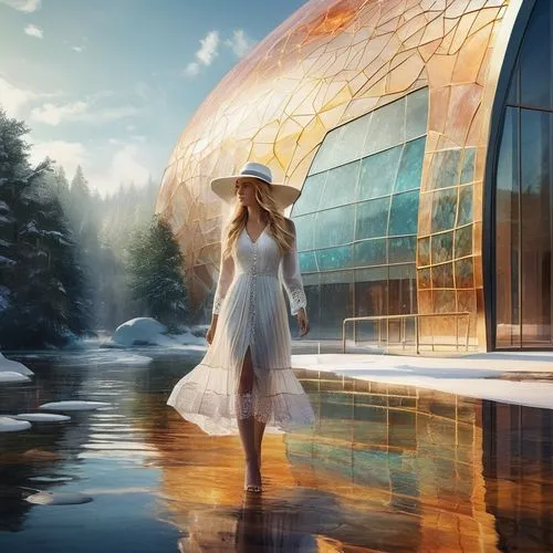 A woman with long blonde hair in a lacey dress and sun hat walks by a river in a summertime scene. The artwork is highly detailed, fantasy-themed, and features dynamic lighting, creating a beautiful a