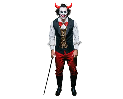 Demonic clown, male, red skin, sharp teeth, black eyebrows, white face paint, red nose, evil grin, messy black hair, black horns, bloodshot eyes, sinister laugh, ripped black and red clothing, tattere