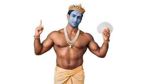 Lord Krishna, Indian mythology, handsome face, blue skin tone, crown jewels, pearl necklace, yellow dhoti, golden belt, bare chest, muscular arms, holding conch shell, right hand raised in blessing, s