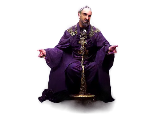 Xantomas, Gothic archbishop, solo, (40yo), pale skin, sharp jawline, dark eyebrows, piercing blue eyes, black hair, white beard, luxurious purple robe, golden cross, ornate throne, serious facial expr