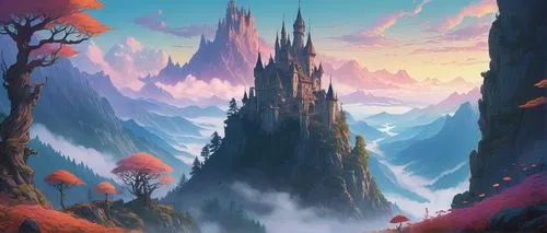 fantasy landscape,fantasy picture,autumn mountains,fairy chimney,mountain landscape,mountain settlement,mountain world,futuristic landscape,paisaje,skylands,mountainous landscape,fantasy world,3d fantasy,high landscape,elves country,spires,landscape background,mountains,world digital painting,kinkade,Illustration,Paper based,Paper Based 19