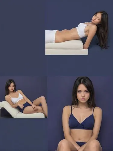 Create a body study of this girl in the style of a comic page with 4 pictures: 1. (left) close-up, 2. sitting, 3. standing (right) and 4. (below) lying on a chaise longue.,a beautiful woman posing on 