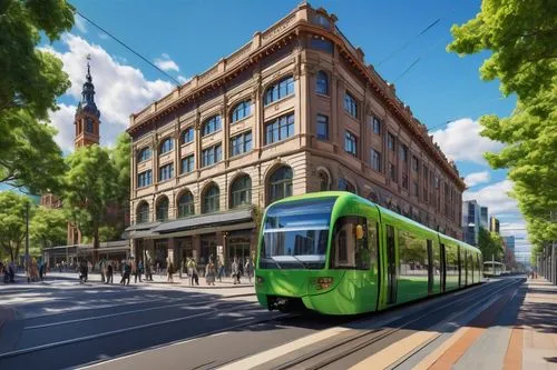 Melbourne cityscape, modern skyscraper, 3D rendering, detailed glass windows, metallic frame, sleek architecture, busy street scene, daytime lighting, clear blue sky with fluffy white clouds, pedestri