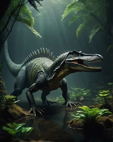 Primeval Spinosaurus, prehistoric creature, massive body, long neck, spiny sail on back, sharp teeth, scaly skin, aquatic environment, misty atmosphere, murky waters, ancient plants, twisted roots, di