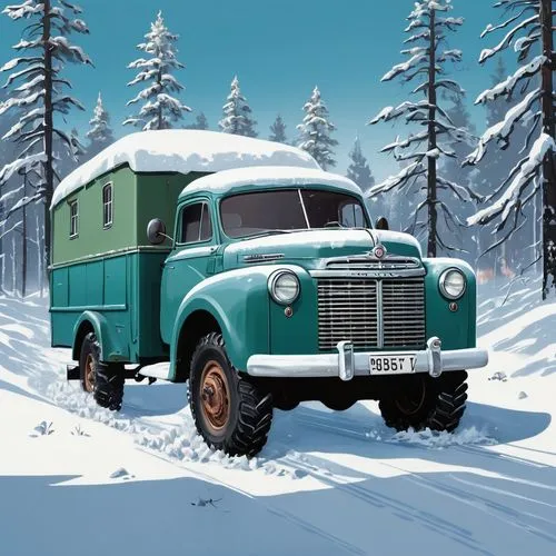 Create me an illustration of a big van from the 1950s prepared for the territory of Finland, both for snow, mud and difficult terrain.
,studebaker m series truck,christmas truck,christmas truck with t