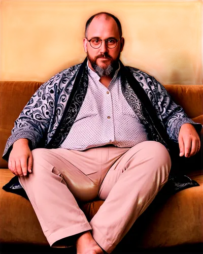 Fat person, obese, mature man, balding, thick beard, mustache, gold rimmed glasses, casual wear, oversized shirt, loose pants, sandals, relaxed posture, sitting on couch, soft lighting, warm color ton