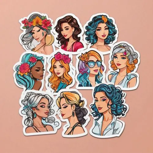 set of cosmetics icons,hair clips,hair accessories,meninas,hairstyles,reinas,retro women,barrettes,stickers,retro pin up girls,mermaid vectors,bombshells,fairy tale icons,crown icons,countesses,hairpieces,vintage girls,pin up girls,headscarves,bunches of rowan,Unique,Design,Sticker