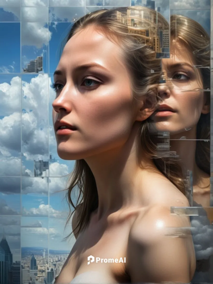 Hanna's face is a mystery as she gazes reverently into the glittering sky, capturing the essence of her magic. The skyscrapers of glass and stone loom behind her, casting a shadow over her body.,image