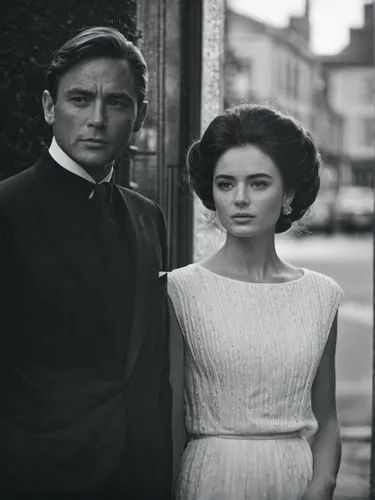 Black and white image of Her Serene Highness Wilhelmine, Princess of Upflamör and Mr. James Bond.,an old pograph of a couple dressed formally,forsyte,blandings,casterbridge,grantchester,ambersons,lobi