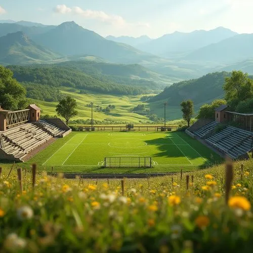 Rolling green hills, rustic wooden fences, vintage metal bleachers, lush natural grass, rural landscape views, distant mountain ranges, sunny afternoon light, soft warm shadows, rustic stone walls, ea