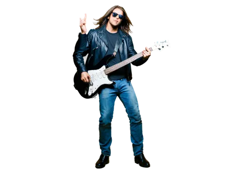 Rock musician, male, long hair, sunglasses, leather jacket, black shirt, blue jeans, guitar, standing, one leg bent, energetic pose, spotlight, smoke effect, dynamic composition, low angle shot, warm 