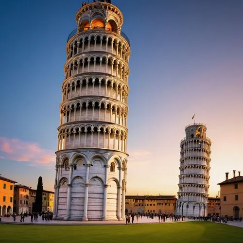 Imagine a Torre de Pisa ao entardecer, com sua estrutura inclinada capturada contra um céu tingido de azul e laranja. A torre de mármore branco se ergue graciosamente sobre a praça ao redor, cercada p