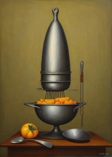 He began using metal kitchen utensils to experiment with his strange ability before moving on to other objects,percolator,tin stove,still life with onions,stove,samovar,citrus juicer,brauseufo,cooking