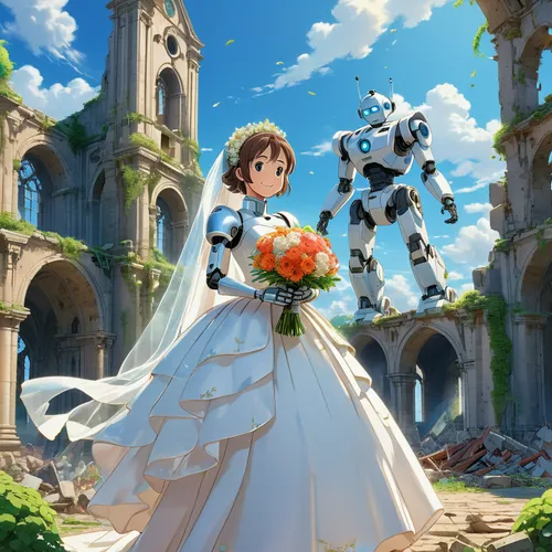 bride and groom,silver wedding,wedding couple,the bride's bouquet,bridal,wedding photo,bride,sun bride,groom bride,just married,wedding dress train,wedding ceremony,wedding dress,wedding bouquet,wedding icons,flower delivery,newlyweds,holding flowers,married,mecha,Illustration,Japanese style,Japanese Style 01