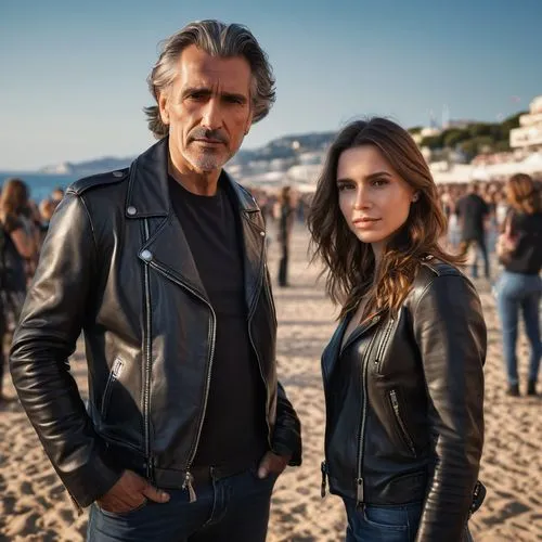 A mature man in a black leather jacket with a young cute woman with long brown hair in a black leather jacket next to him, attends a rock concert on the beach in Cannes. Rock atmosphere,a man and woma