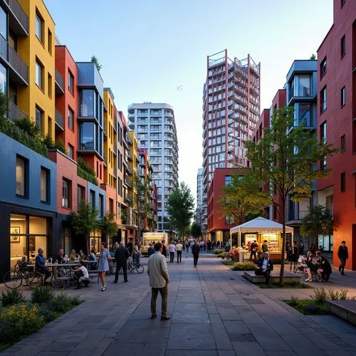 Vibrant urban campus, eclectic mix of brutalist and art nouveau styles, bold colorful facades, geometric patterns, abstract sculptures, green roofs, vertical gardens, LED lighting installations, dynam