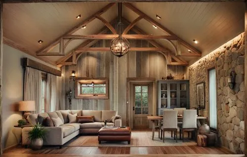 no window on front wall ,a living room with wood floors and furniture,wooden beams,vaulted ceiling,log home,log cabin,the cabin in the mountains,barnwood,Photography,General,Cinematic