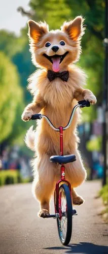 Funny dog, riding unicycle, solo, golden fur, fluffy ears, big brown eyes, tongue out, smiling face, red nose, colorful unicycle, chrome handlebars, white wheels, urban street, morning sun, few pedest