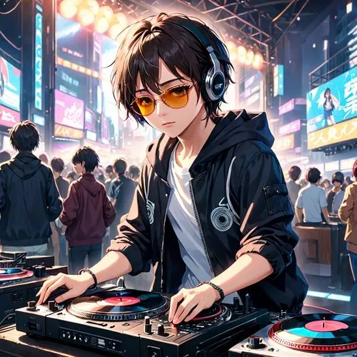 egirl,8k,uhd,a man DJ,wearing sunglasses and headphones,cool tech,working turntables as a DJ,photos of cinematic art,authentic masterpieces,best quality,high resolution,,a person with headphones at a 